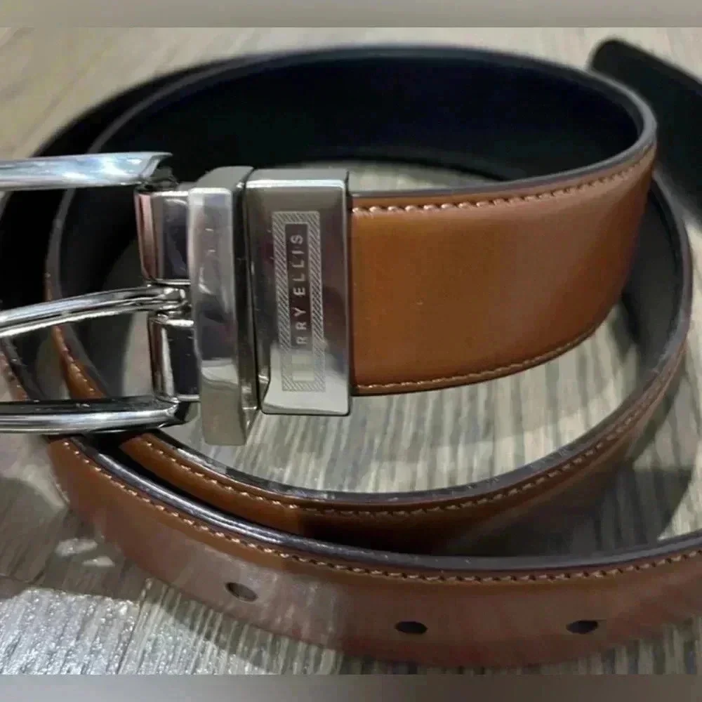 Perry Ellis Men’s Black Brown Reversible Belt Silver Tone Buckle Size 38 NWT